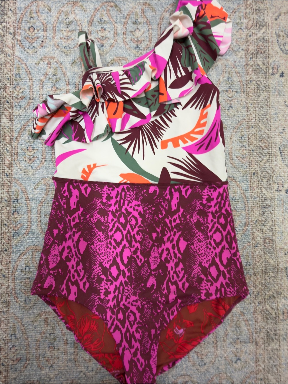 Maaji Girls One-Shoulder “Ruffle Punch” Swim Suit in Pink and Orange size 14